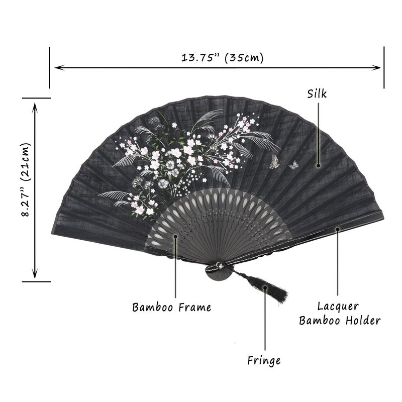 OMyTea Folding Hand Fan for Women - Foldable Japanese Chinese Oriental Vintage Retro Bamboo Silk Fan - for Church, Decoration, Hot Flash, Dance, Performance, Party, Gift (Black Grassflowers) - Image 2